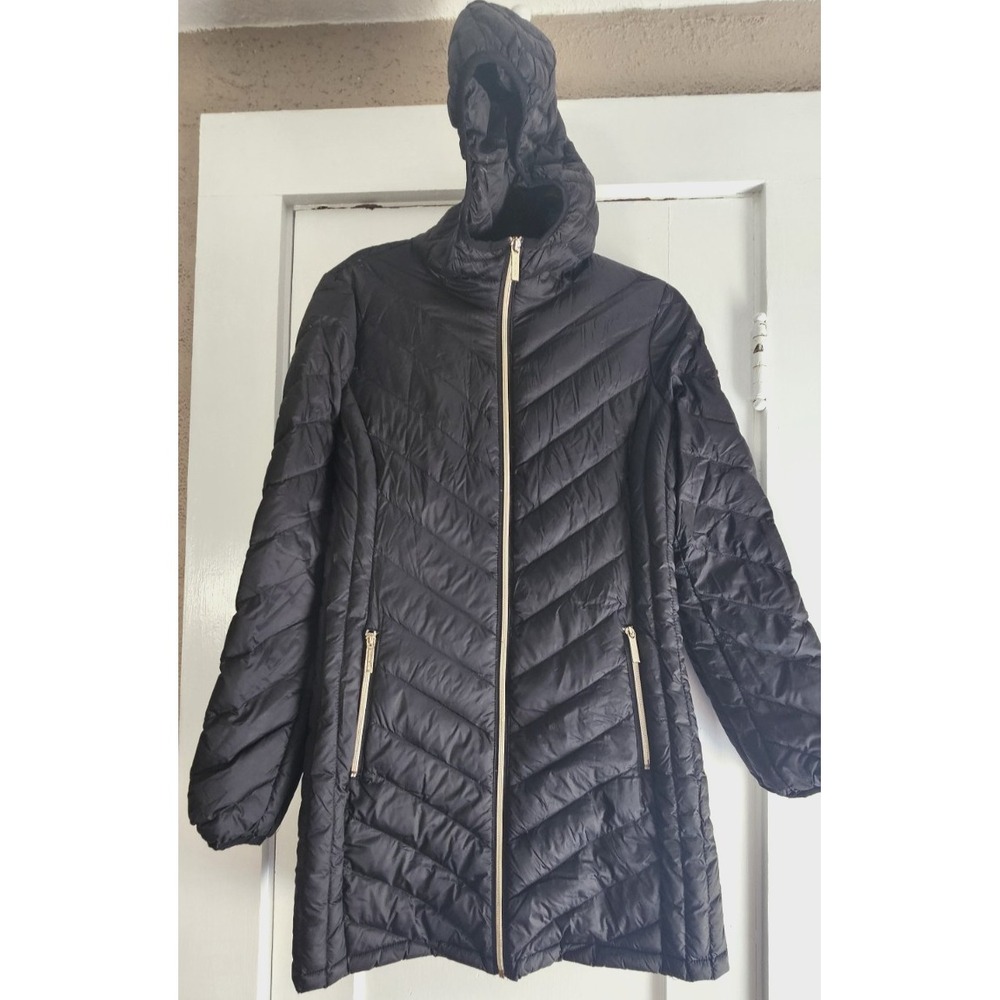 MICHAEL KORS packable down hooded puffer coat black longline Nylon womens S